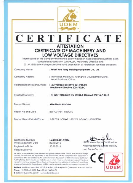 China Hebei Huayang Welding Mesh Machine Co., Ltd. Certification